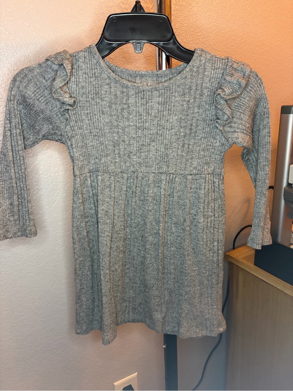 okie dokie Grey Ribbed Knit Dress with Ruffle Shoulders